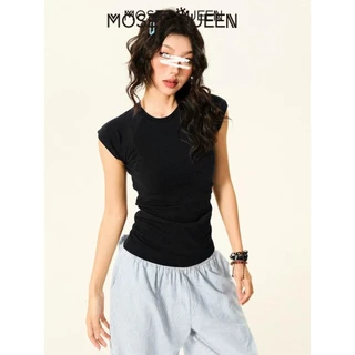 < MOSESQUEEN > อเมริกันย้อนยุคสีทึบเสื้อยืดแขนสั้นบางหญิงฤดูร้อนสาวร้อนสลิมแขนบินขนาดเล็กสั้นด้านบน #62847