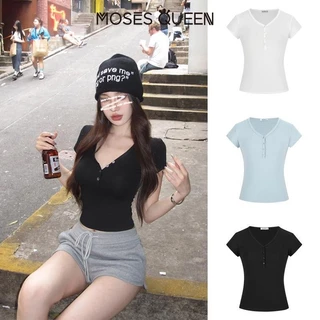 MOESSQUEEN American Retro Design เสื้อยืดแขนสั้นคอวีหญิงสาวร้อน Slim Fit Top #62850