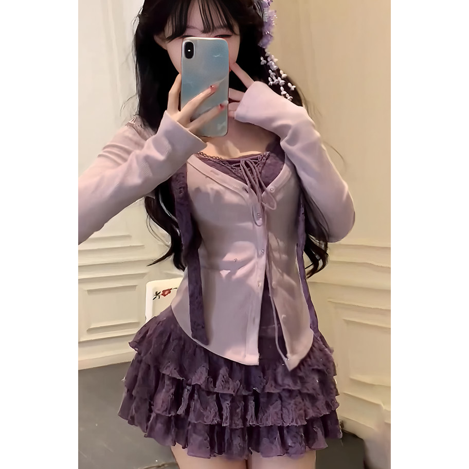 X-สีส้ม [ชุดสูทสองชิ้น] ปลอมสองชิ้นเสื้อแขนยาว + กระโปรงเค้กเอวสูงฤดูใบไม้ผลิฤดูร้อนสไตล์ใหม่เสื้อผ้าผู้หญิงลําลอง