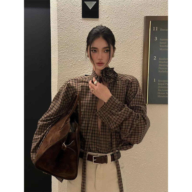 FXDAZI!เสื้อไม่ซ้ําใคร [335 คอลเลกชันคน] อเมริกันย้อนยุคออกแบบตรวจสอบเสื้อผู้หญิงต้นฤดูใบไม้ผลิย้อนยุคลําลองแขนยาวริบบิ้นสีกาแฟแจ็คเก็ต