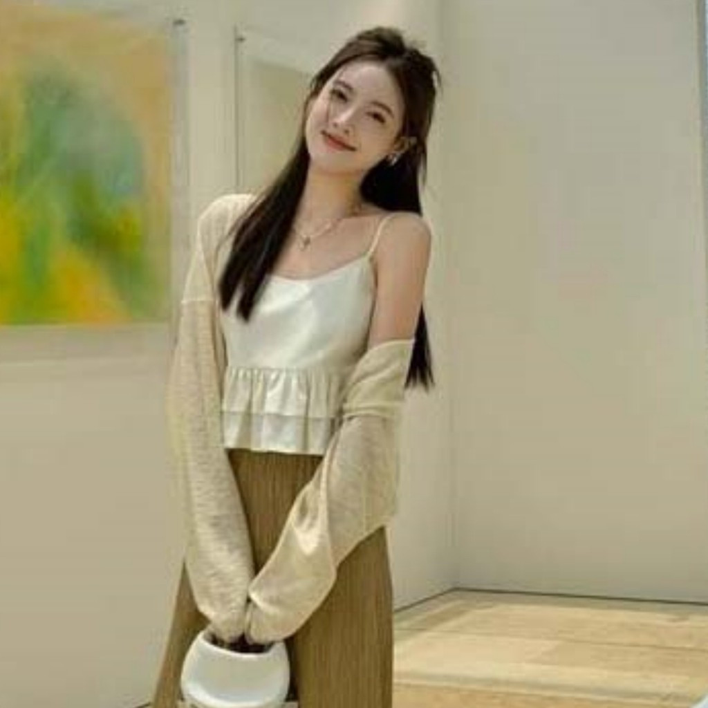 คาร์ดิแกนถักกันแดดสั้นสีแอปริคอทสำหรับผู้หญิง ฤดูร้อน พร้อมชุดเดรสสายเดี่ยว เสื้อแจ็คเก็ตผ้าไหมน้ำแข