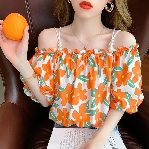 JM-LADY เสื้อลายดอก เสื้อฮาวายเสื้อลายดอก เสื้อฮาวายชุดเสื้อแขนสั้นแบบเปิดไหล่สำหรับผู้หญิง ดีไซน์ดอก