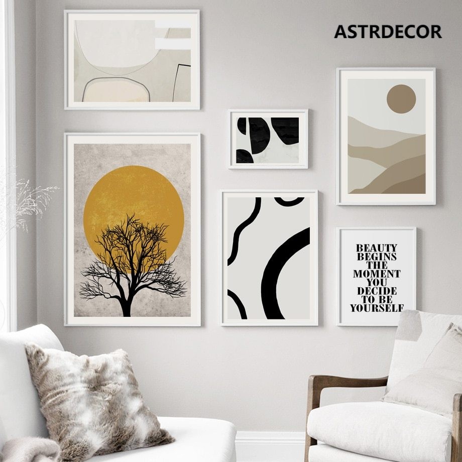 ภาพวาดผ้าใบโปสเตอร์ Abstract Landscape Wall Art Tree Sun Desert สไตล์นอร์ดิกสําหรับตกแต่งผนัง
