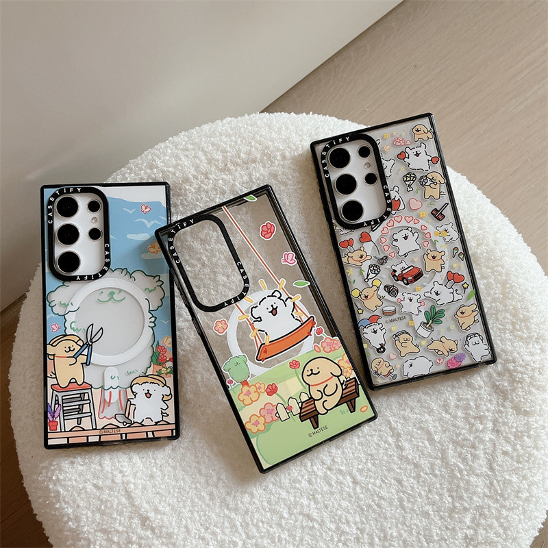 เคสโทรศัพท์มือถือแบบแข็ง ใส กันกระแทก ลายสุนัขมัลติสน่ารัก พร้อมกล่องชาร์จแม่เหล็ก คุณภาพสูง สําหรับ Samsung Galaxy S24 S23 S22 Ultra S24 Plus