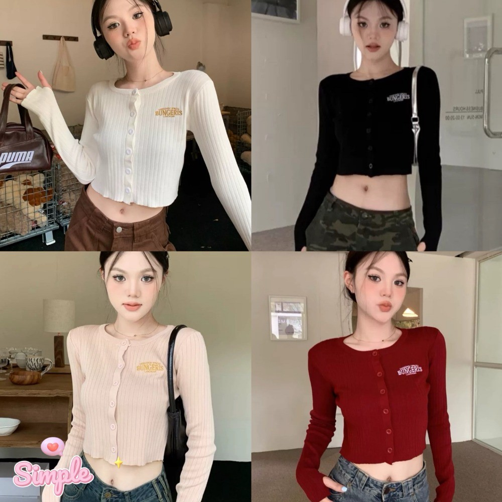 SimpleStore การจัดส่งในประเทศไทย สไตล์อเมริกันวินเทจบางเสื้อกันหนาวสั้น เสื้อสเวตเตอร์ถักแขนยาว 072