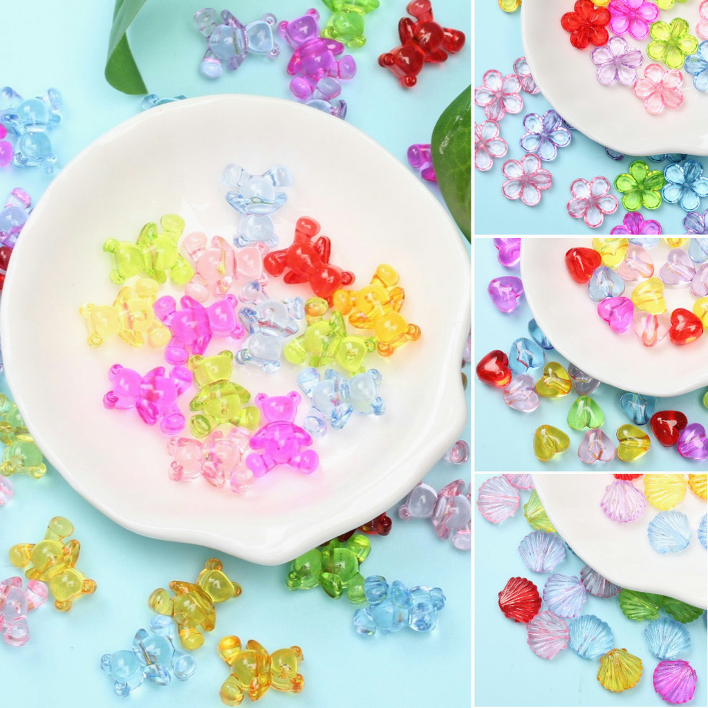50pcs/100pcs แฟชั ่ นโปร ่ งใสดอกไม ้ หัวใจหลายสไตล ์ ลูกปัดผสมสี DIY ลูกปัดวัสดุเครื ่ องประดับทํา