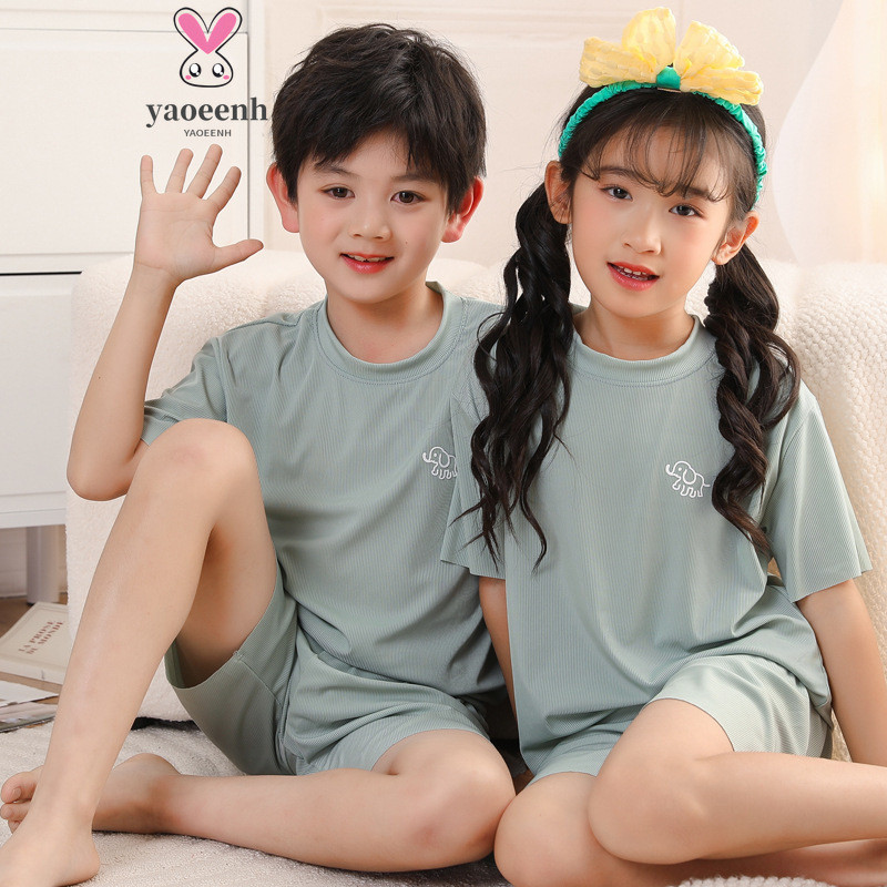 【YAOEENH】100-180 ซม.ฤดูร ้ อนเด ็ กสีทึบผ ้ าไหมน ้ ําแข ็ งBreathableแขนสั ้ นชุดชายหญิงการ ์ ตูนกางเกงขาสั ้ นชุดนอนบริการบ ้ านอ ่ าน