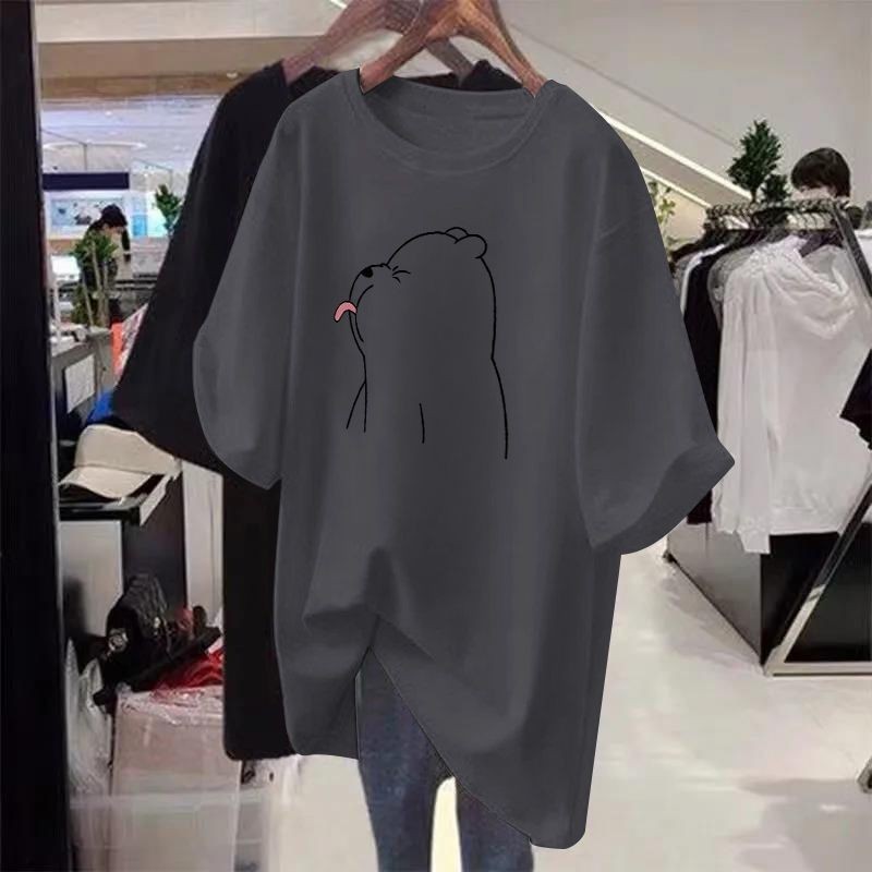 เสื้อยืด Oversize (40-150kg) Plus ขนาดฤดูร้อนผู้หญิงเสื้อแขนสั้นรอบคอพิมพ์หลวมเสื้อยืด