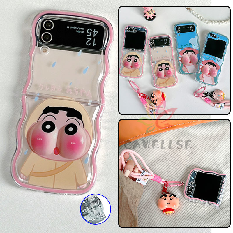 น่ารักการ์ตูน 3D Boy ตุ๊กตา Wave Soft TPU เคสโทรศัพท์ Samsung Galaxy Z Flip 7 Flip 6 Z Flip 5 Z Flip 4 7FE พร้อมสายรัดข้อมือไนลอนกันกระแทกฝาหลัง