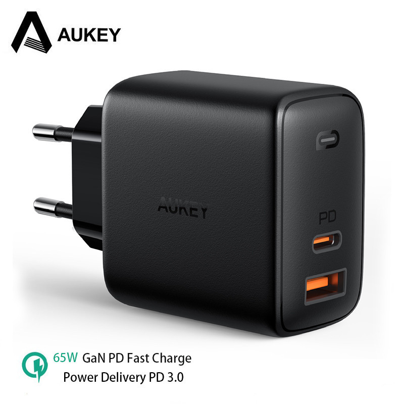 Original Aukey PA-B3 65w GaN 2 USB Fast Wall Charger US EU Plug ชาร์จโทรศัพท์ Power Delivery 3.0 C สถานีชาร์จสําหรับ Macbook
