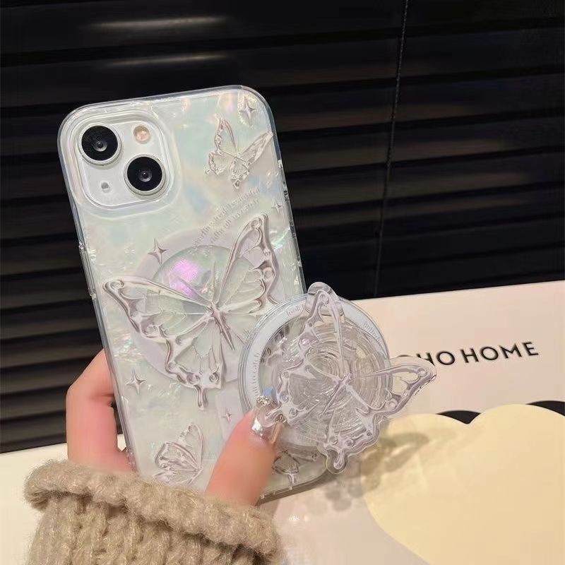 ins Butterfly Magnetic Holder เคสโทรศัพท ์ เข้ากันได้ iPhone 14 ProMax 13 12 11 15Pro X XR XS 7 8