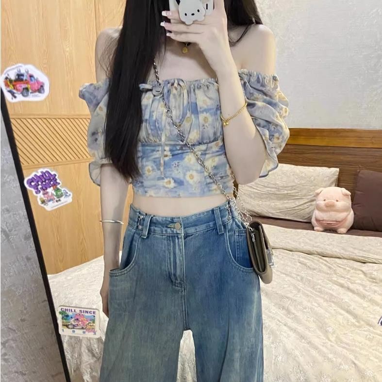 ผู้หญิงฤดูร้อนภาษาฝรั่งเศสคําสไตล์วินเทจสแควร์คอปิดไหล่ Bubble Sleeves Fragmented Flower Slim Fit Dew เอวด้านบน