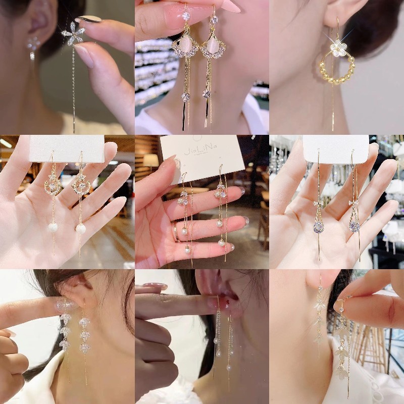 ต่างหูต่างหูแนวยาวป้องกันการสูญหายแบบพู่หรูหราเบาๆต่างหูสตรีแฟชั่นระดับไฮเอนด์สุดนางฟ้าต่างหูที่นิยมในโลกออนไลน์