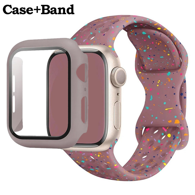 สายซิลิโคนอ่อนนุ่ม + PC กรณีฝาครอบสีอนุภาคสร้อยข้อมือสําหรับ Apple Watch 42 มม.45 มม.44 มม.41 มม.38 มม.40 มม.IWatch Series 9 8 7 6 5 SE 4 3