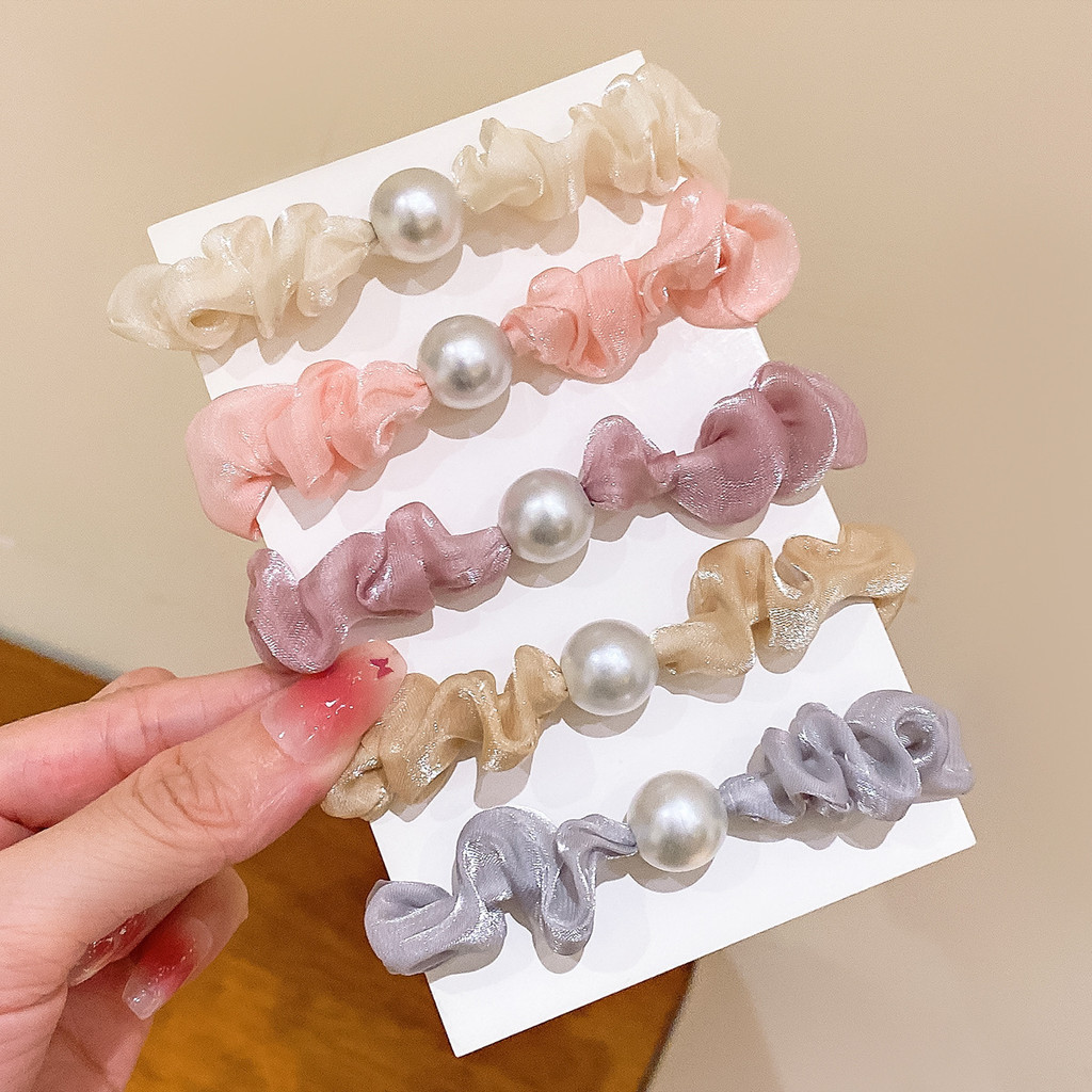 เกาหลีหวานน่ารัก Organza ไข่มุกผมวงผ้าไหมผม Tie เจ้าหญิง Elegant สีสัน Scrunchie เครื่องประดับผม