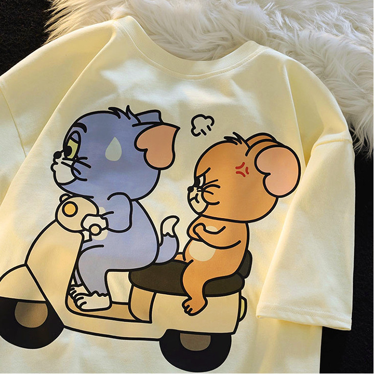ฤดูร้อนน่ารักการ์ตูนสาวรอบคอแขนสั้นเสื้อยืดลําลองหลวมอเนกประสงค์เด็กด้านบน