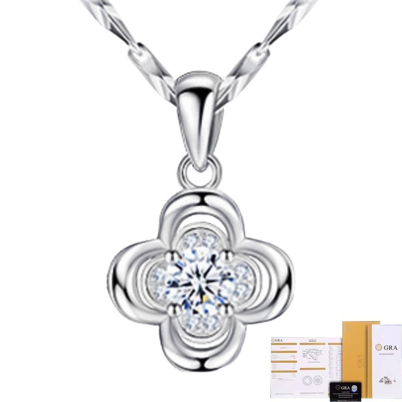 [ใบรับรอง GRA ฟรี] สร้อยคอจี้โคลเวอร์สี่แฉกสีเงินเครื่องประดับเรียบง่าย Qixi