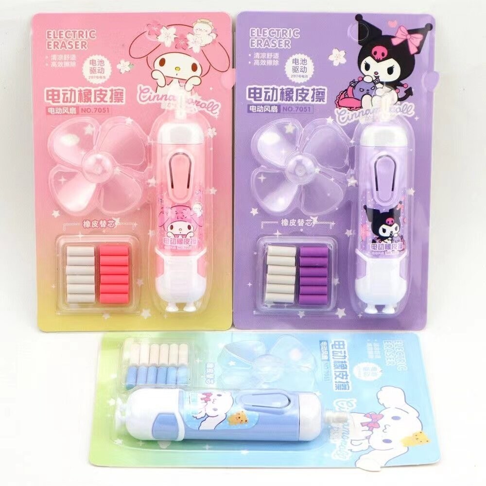 Sanrio 2 in 1 มัลติฟังก ์ ชั ่ นยางลบไฟฟ ้ าพร ้ อมพัดลม Kuromi melody ยางลบไฟฟ ้ า Pochacco มินิแบบพกพาพัดลมชิปอบเชยยางลบชุด