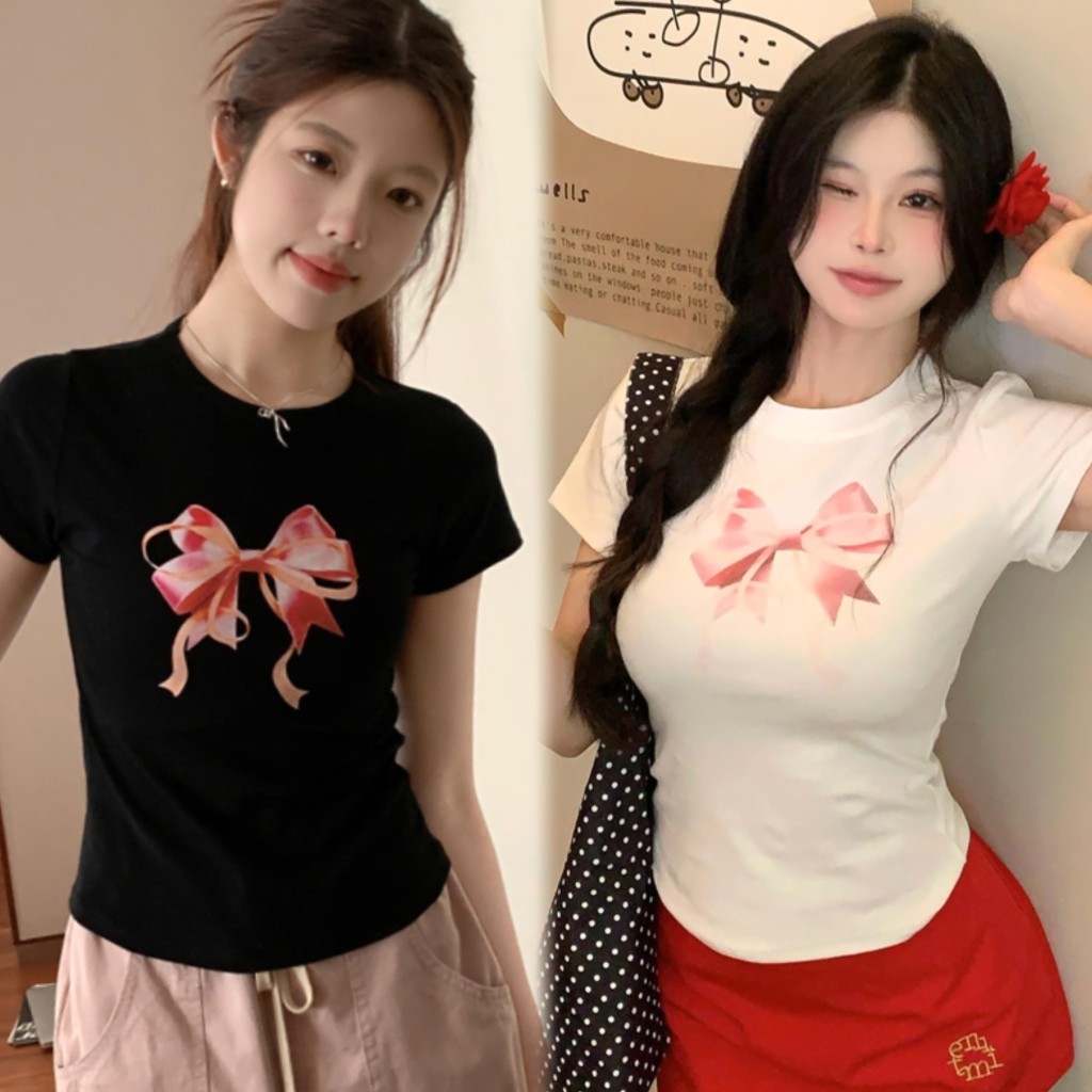 cherryshop🍒พร้อมส่ง  เสื้อครอป y2k เสื้อยืด สวยๆแฟชั่นผู้หญิง ยืดแขนสั้นพิมพ์ลายโบว์น่ารัก