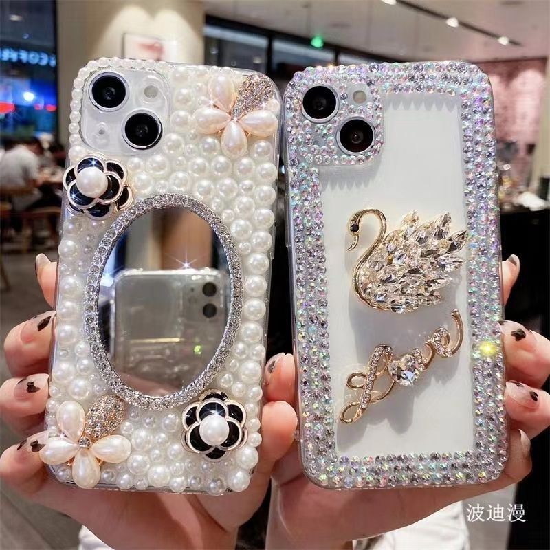 Apple 14promax Pearl Phone Case iPhone13 High-End Diamond Makeup Mirror 12 Shock-resistant Influencer Female 11