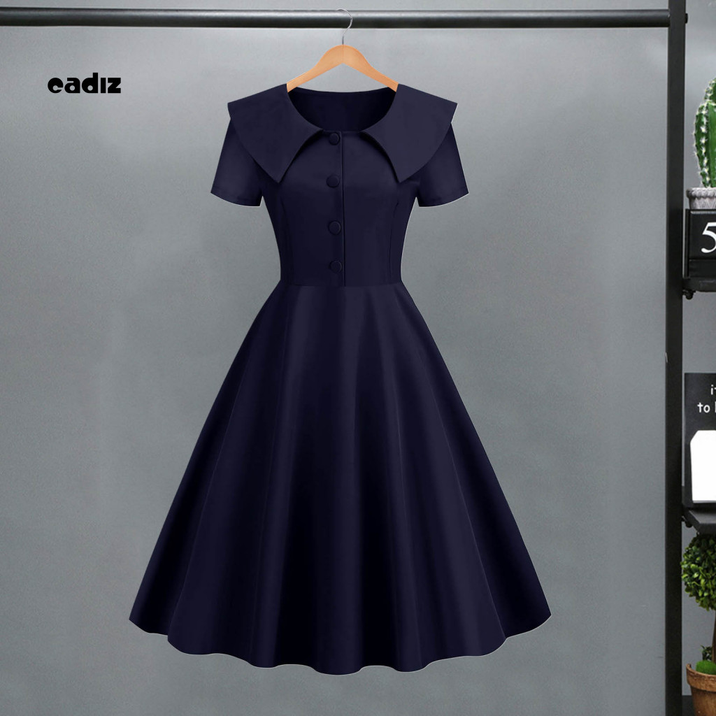 Cadi Celebration ชุดปาร์ตี้ Vintage Retro ผู้หญิง A-line Midi ชุดเปิดลงปกแขนสั้นปุ่มรายละเอียด Slim Fit สีทึบ 50s Ball Prom Dress