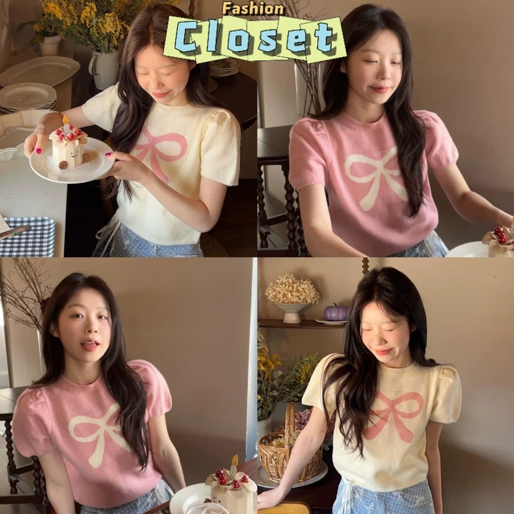 Closet เสื้อผ้าผู้หญิง "V067" เสื้อยืดไหมพรม คอกลมแขนสั้น ถัดลายโบว์ 2สีพาสเทลน่ารัก