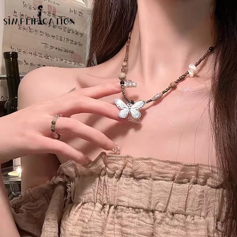 1ชิ้นวินเทจที่เรียบง่ายลูกปัดสร้อยคอผีเสื้อ-สําหรับผู้หญิงสาวหวานสีเงินผีเสื้อจี้สร้อยคอ-แฟชั่นเครื่องประดับอุปกรณ์