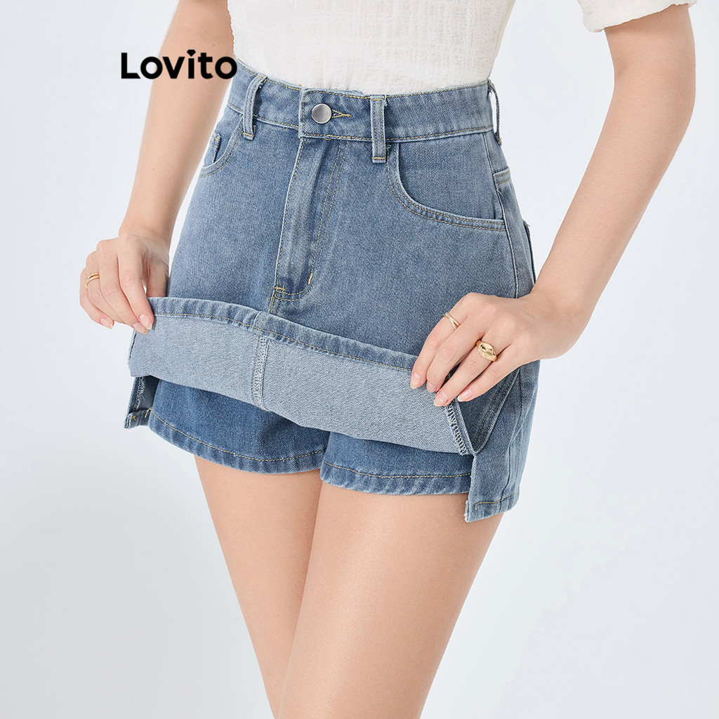 ซื้อ Lovito กางเกงขาสั้นผู้หญิง แบบสองชี้น สีพื้น สไตล์ลำลอง L87ED375