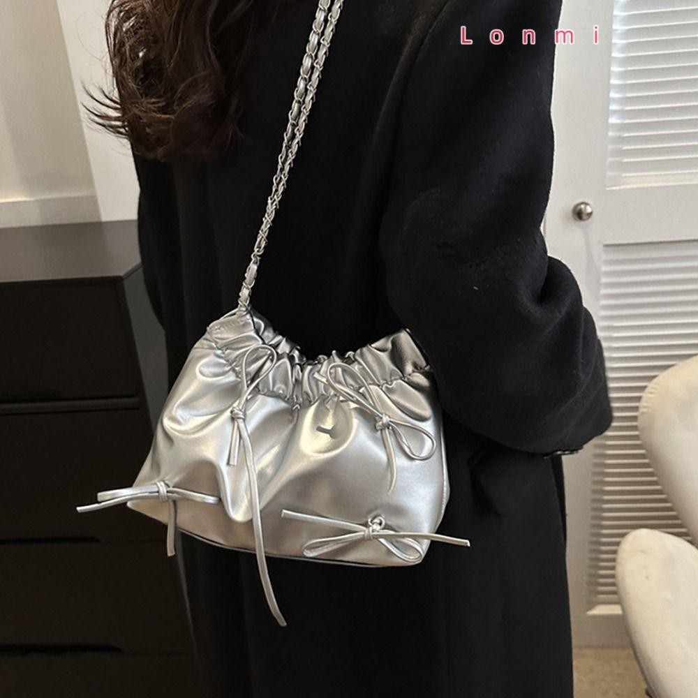 Lonmi Plain Pleated Bag, All-match One-sided Pleated Design Women 's Shoulder Bag, Small Casual Plain PU Leather Bucket Bag Women