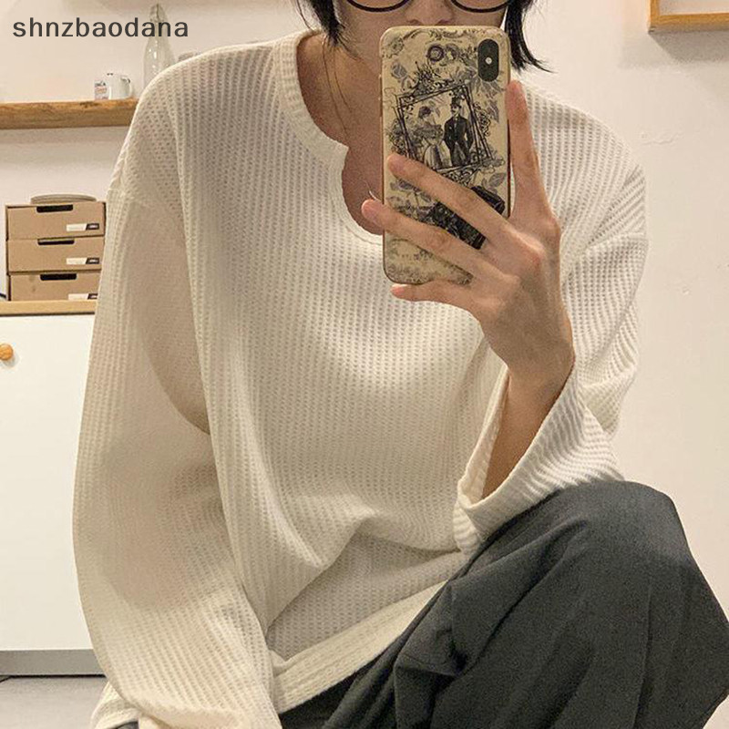 [SHNZAA] ฤดูใบไม้ร่วงสีทึบวาฟเฟิลเสื้อยืดผู้หญิง Chic U คอยาวแขนยาวลําลองหลวมเสื้อยืด FSSG