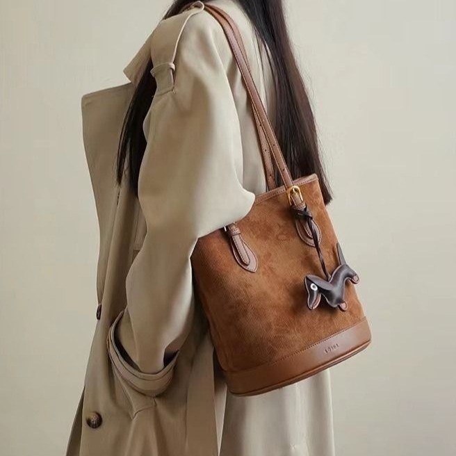 SENSES// Fashion Trend Retro Corduroy Tote Bag Women's Large Capacity Bag Shoulder Bag Bucket Bag Jq