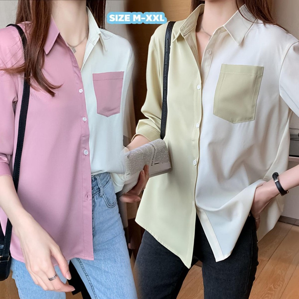 MIMI&DIDI#เสื้อเชิ้ตผู้หญิง แขนยาว แฟชั่น มีกระเป๋า อเนกประสงค์ ทรงหลวม บล็อคสี ใหม่ หลวม สไตล์เกาหลีW360