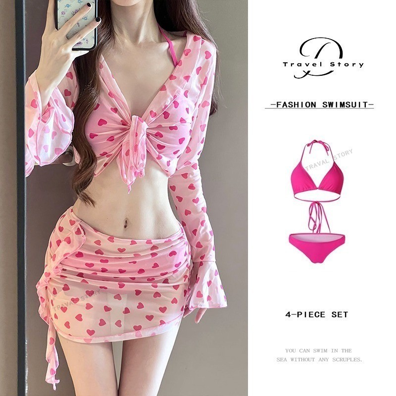 【ผ้าคุณภาพสูง】ชุดว่ายน้ําบิกินี่ ลูกไม้ เซ็กซี่ สไตล์อเมริกัน สี่ชิ้น สําหรับผู้หญิง