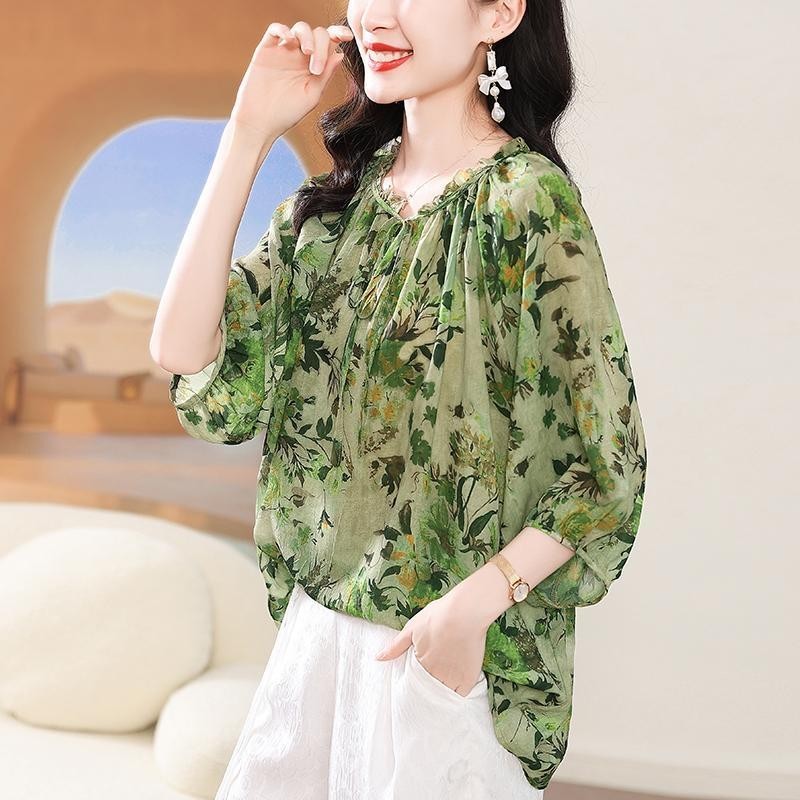 Kuantai ชีฟองผู้หญิง 2024 สไตล์ใหม่หรูหราบางสไตล์ลดอายุดอกไม้ High-End สไตล์ตะวันตกหลวมเสื้อขนาดเล็กผู้หญิง