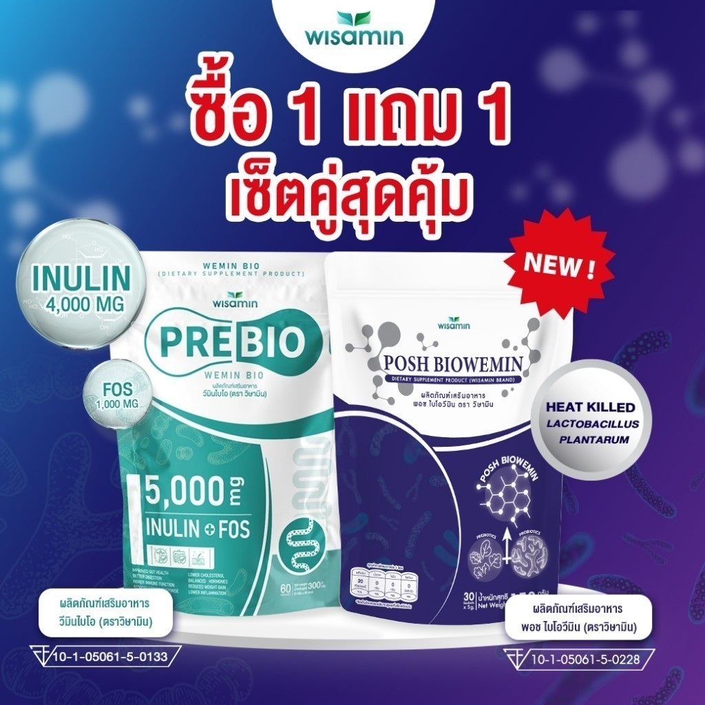 (เซตคู่) PRE BIO พรีไบโอ 60 ซอง + POSH BIOWEMIN พอช ไบโอวีมิน 30 ซอง ตราวิษามิน แพคคู่ 2 ห่อ รวม 90 ซอง