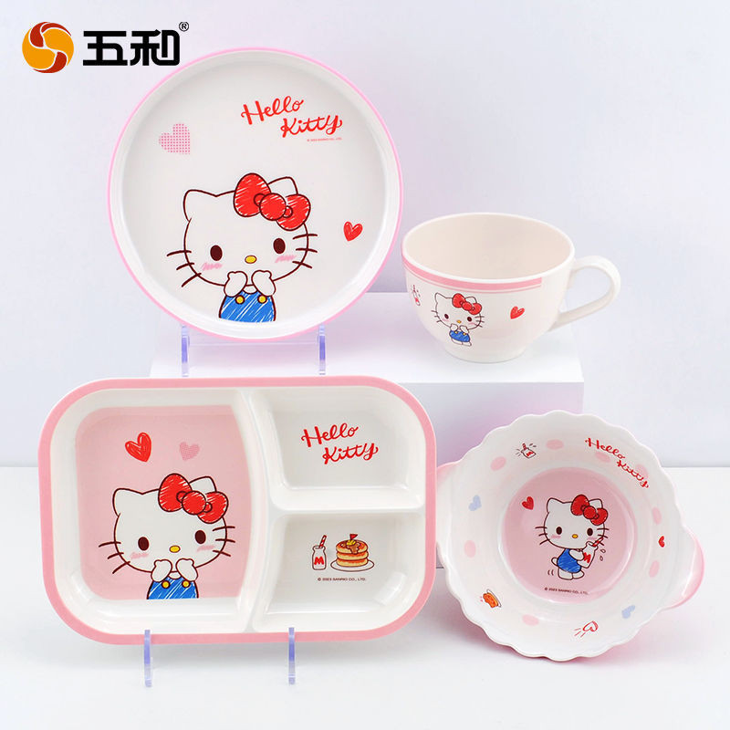 Wuhe HelloKitty ชามเด็ก Hello Kitty บนโต๊ะอาหารเด็กการ์ตูนบนโต๊ะอาหาร Shock-proof Anti-scalding อาหา