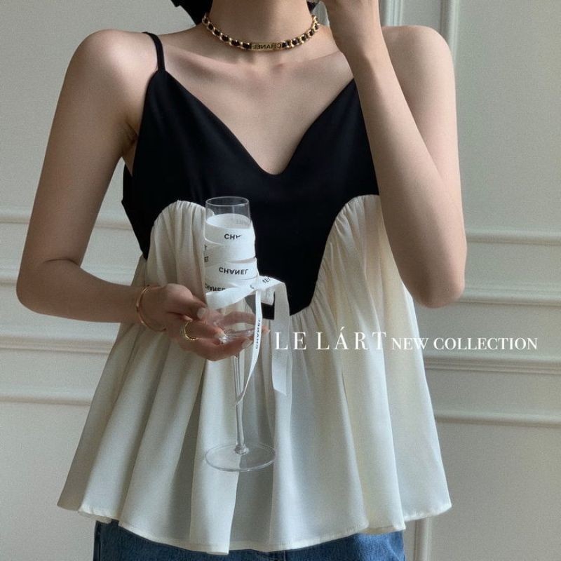 Coco~เสื้อกล้ามผู้หญิง ประกบสองสี สไตล์สบาย ๆ หลวม ๆ แฟชั่นเวอร์ชั่นเกาหลี