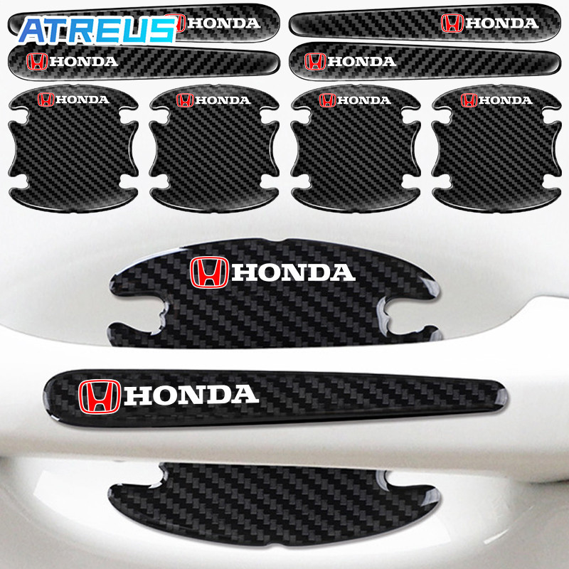 4/8Pcs Honda รถประตู Handle Protector คาร์บอนไฟเบอร์รถประตูชามสติกเกอร์ Anti Scratch สติกเกอร์สําหรับ Honda Brio City Civic CRV HRV Accord Mobilio WRV Odyssey Freed Jazz