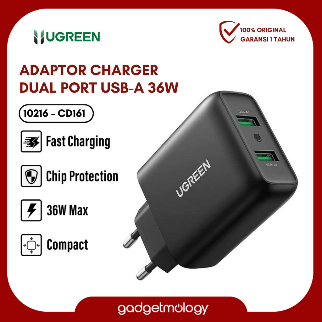 UGREEN Dual Port USB-A 35W PD QC Fast Charging Charger Adapter CD161 / 10216