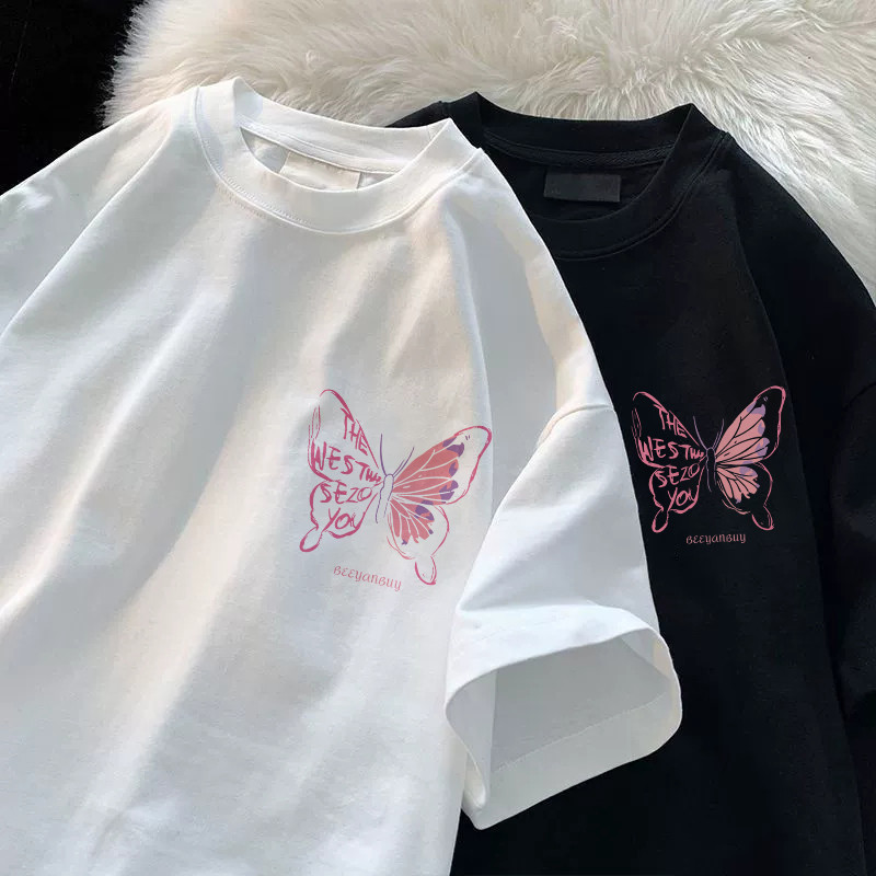 COD✅ (จัดส่งในกรุงเทพฯ) MAO Shop T-shirt,ผีเสื้อสีชมพูสวยพิมพ์เสื้อยืดแขนสั้นหลวม เสื้อ oversize - รูปที่ 2