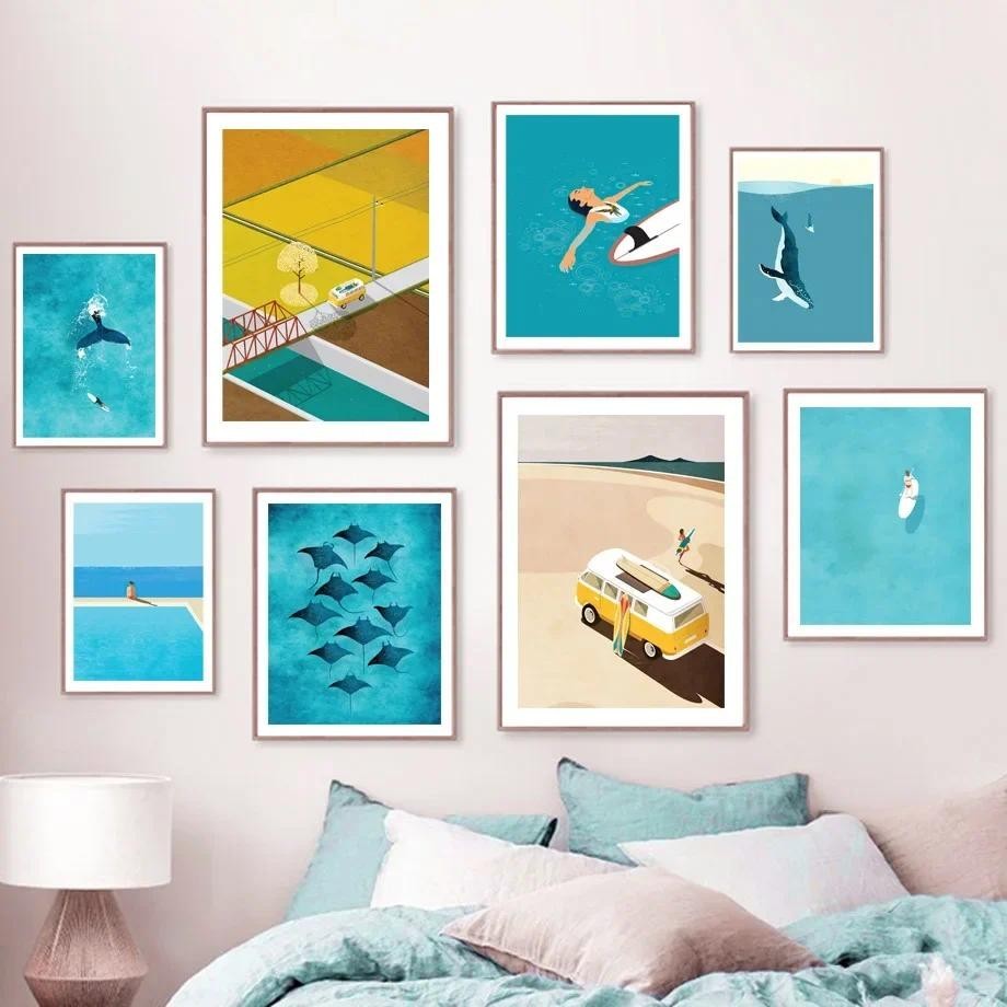 Beach Whale Surfer กระดานโต้คลื่นสระว่ายน้ํา Wall Art ภาพวาดผ้าใบโปสเตอร์และพิมพ์ Minimalist ภาพสําหรับห้องนั่งเล่น Decor