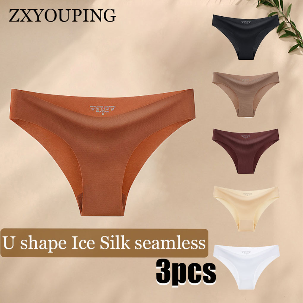 Zxyouping 3ชิ้นกางเกงในเซ็กซี่สําหรับผู้หญิงชุดชั้นในผ้าไหมน้ําแข็งกางเกงไร้รอยต่อ ยู รูปชุดที่มองไม่เห็นนุ่มสบายกางเกงเอวต่ําครึ่งสะโพกกางเกงกีฬาโยคะบิ