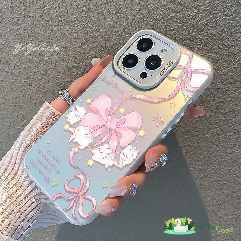 สำหรับ iPhone 11 13 สาวน่ารัก CASE FOR เคสไอโฟน15 14 12 Pro Max 15 14 7 8 Plus X XR XS MAX Bow knot ขั้นสูง สี เงิน เคส