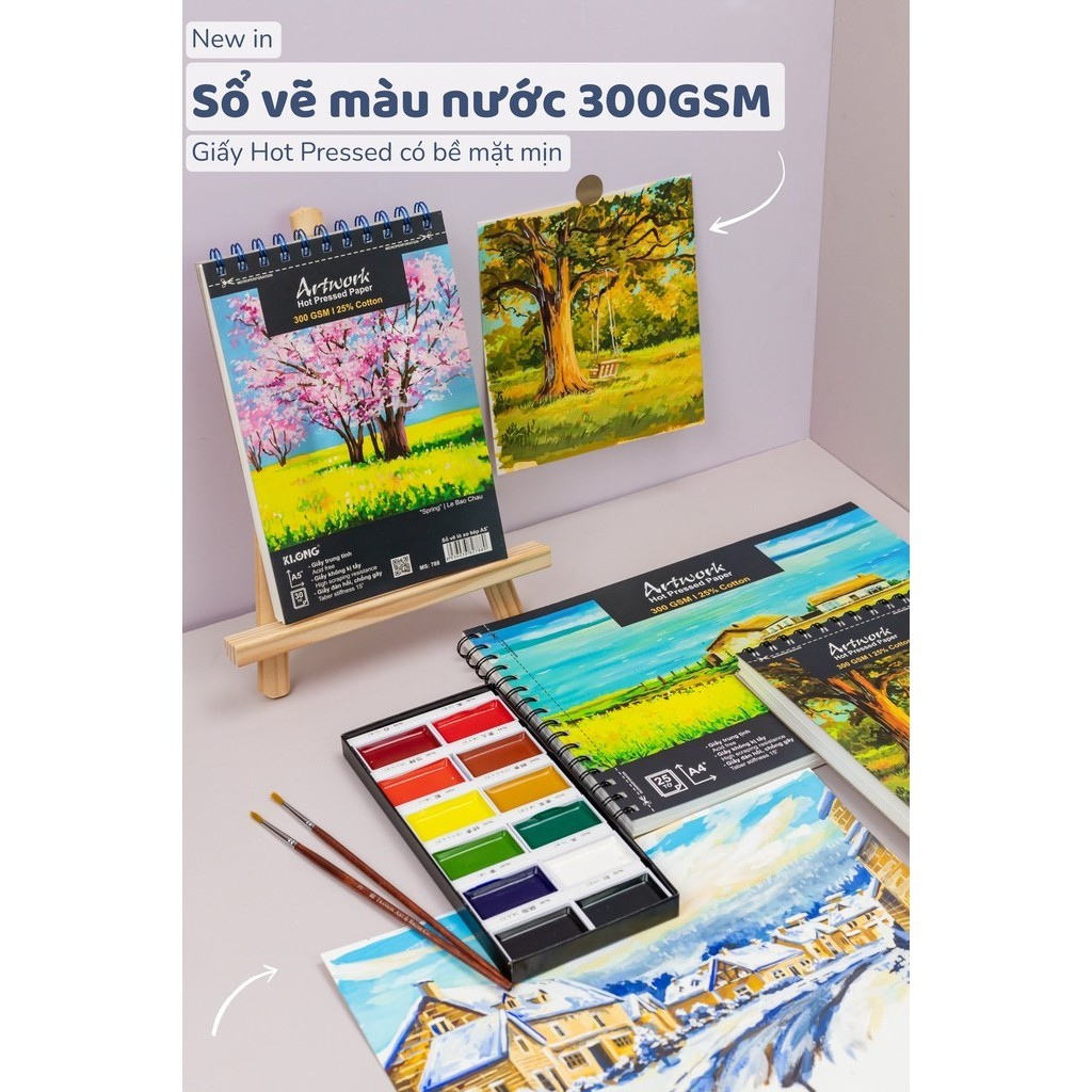 หนังสืองานศิลปะ Hot Pressed A4+ 300GSM ผ้าฝ้าย 25% 25 แผ่น KLong MS 789 กระดาษสีน้ําไม่ฟอกขาวคุณภาพส