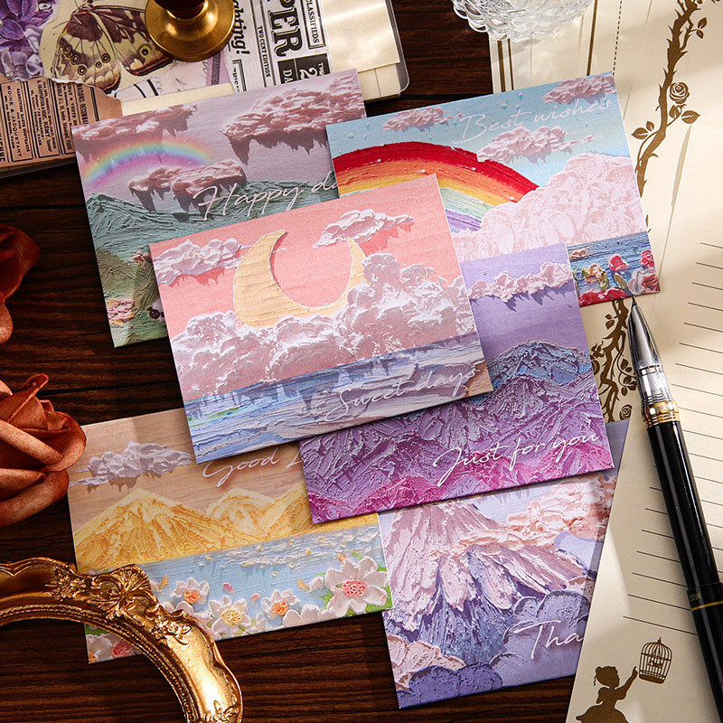 6 ชิ้นภาพวาดสีน้ํามันที่สวยงามชุดการ์ดอวยพร พับ การ์ดของขวัญ 3 พับ, คุณภาพระดับไฮเอนด์สําหรับวันเด็กและวันเกิด, ขอบคุณและการ์ด กราติจู