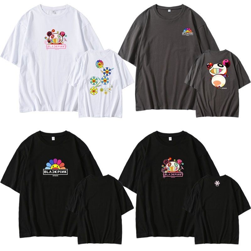 T-Shirtเสื้อยืดแขนสั้นลําลอง คอกลม ผ้าฝ้าย พิมพ์ลาย Kpop Blackpink TAKASHI MURAKAMI LISA JENNIE ROSE