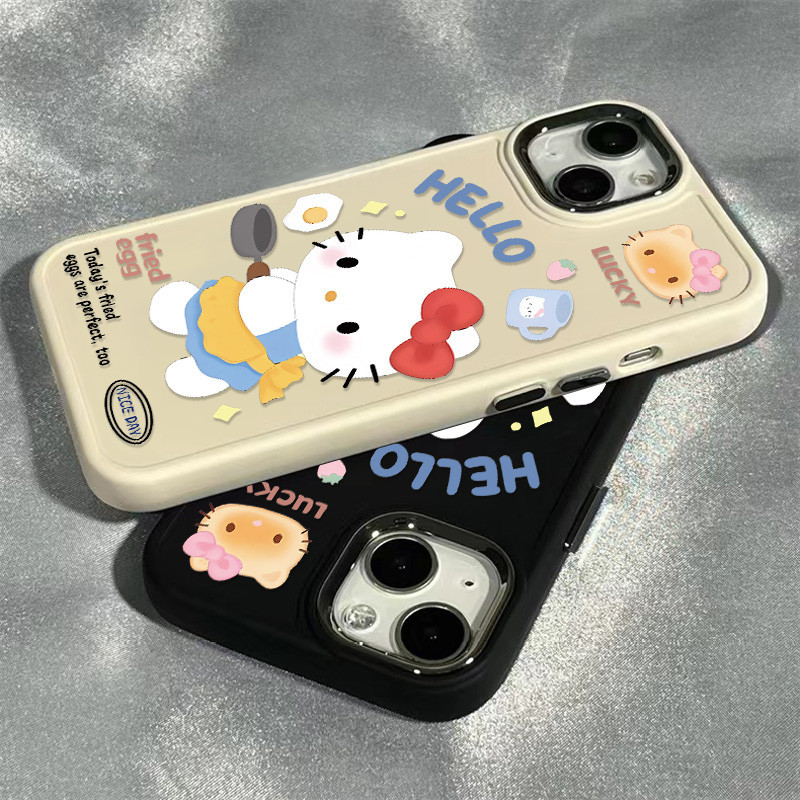 การ์ตูนไข่ทอด KT แมวเคสโทรศัพท์สําหรับ IPhone11 12 13 14 15 Pro MAX 7 8 Plus X XR XS MAX SE 2020 หรูหรานุ่มกันกระแทก