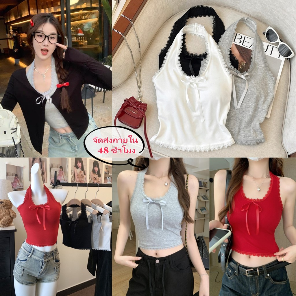 QY.Shop⭐️สินค้าราคาพิเศษ⭐️เสื้อสายเดี่ยว เสื้อคล้องคอ เว้าหลัง ยืดกำลังดี มีฟองน้ำในตัว สีสดใสใส่สบาย "FY10100"