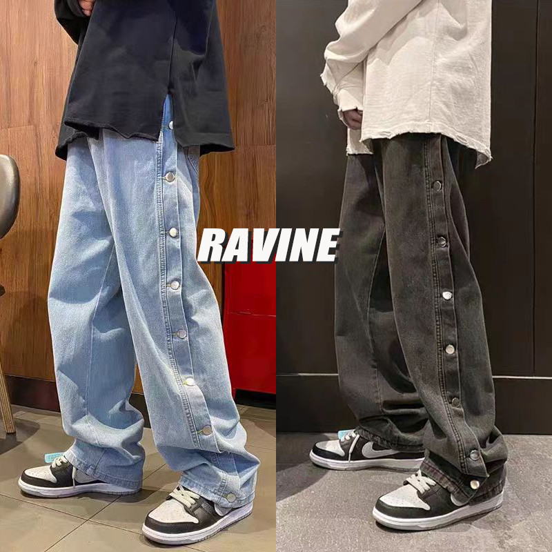 Ravine ด้านข้างปุ่มกางเกงหลวมสําหรับชาย Maong กางเกงสําหรับชาย Y2k สไตล์ Jnco กางเกงยีนส์ Baggy กางเ
