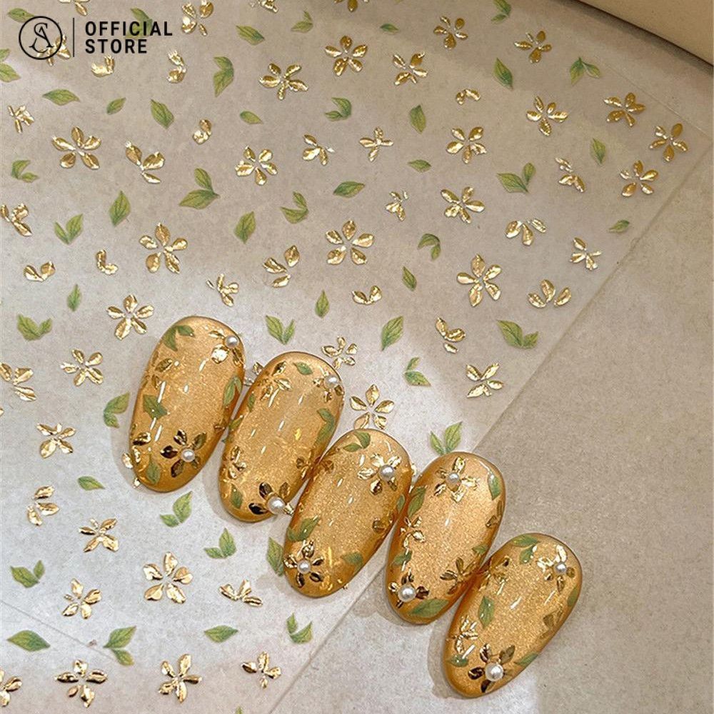 ทอง-ปั๊มสามมิติห้ากลีบดอกไม้เล็บสติ๊กเกอร์สีเขียวใบและดอกไม้ตกแต่งเล็บสติ๊กเกอร์